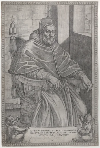 Portrait of Pope Sixtus V by Pietro Facchetti, print, 1585