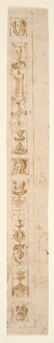 Design for a Pilaster with Two Candelabra Grotesques and Three Masks by Giuseppe Salviati, drawing, 1515-1580