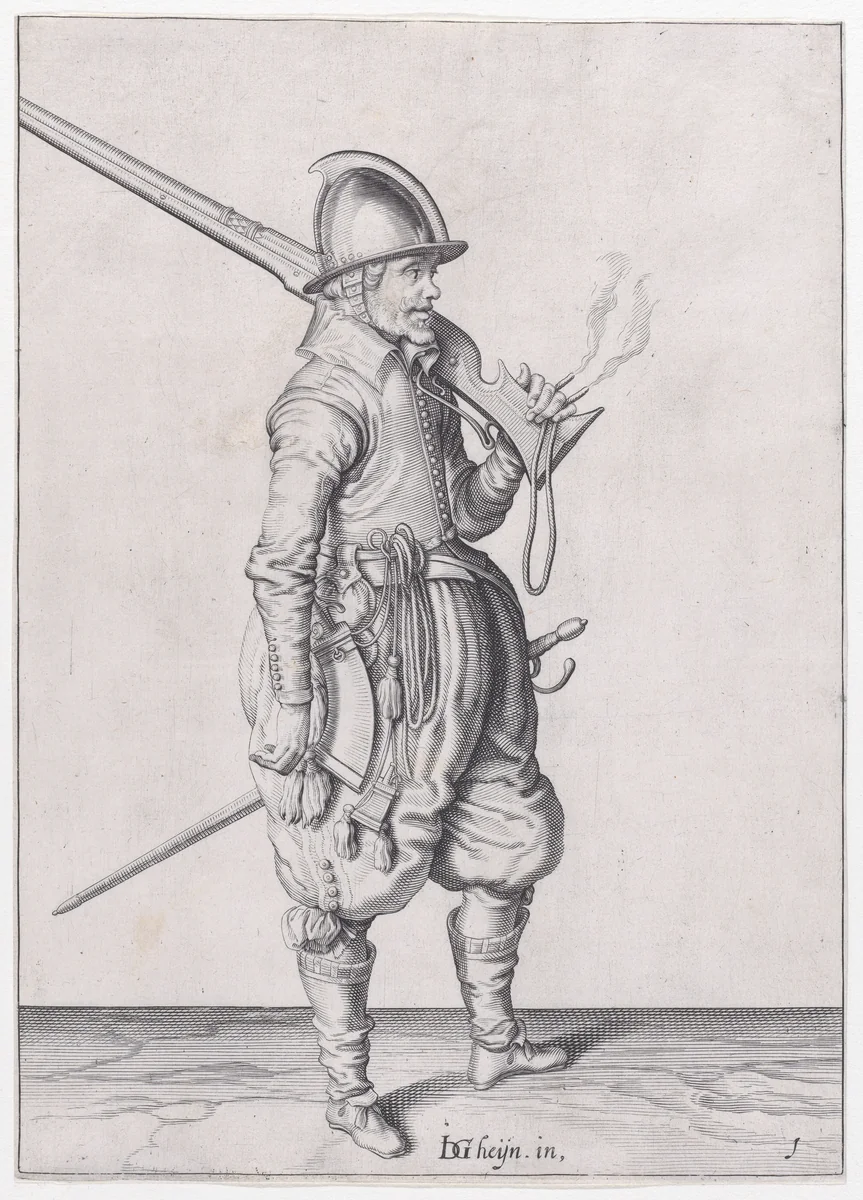 A soldier holding his caliver, from the Marksmen series, plate 1, in Waffenhandlung von den Rören Musquetten undt Spiessen / Wapenhandelinghe van Roers Musquetten Ende Spiessen (The Exercise of Arms) by Jacques de Gheyn II, print, 1608