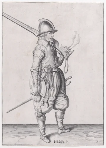 A soldier holding his caliver, from the Marksmen series, plate 1, in Waffenhandlung von den Rören Musquetten undt Spiessen / Wapenhandelinghe van Roers Musquetten Ende Spiessen (The Exercise of Arms) by Jacques de Gheyn II, print, 1608