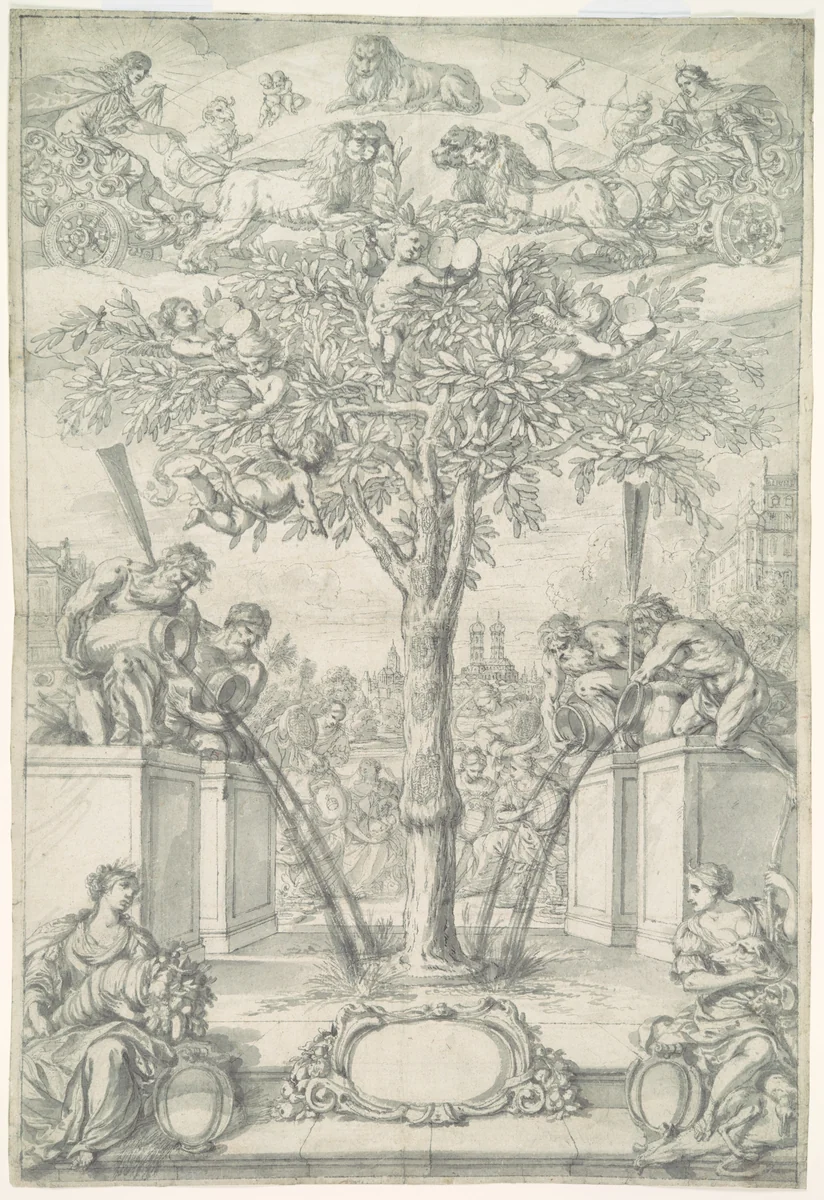 An Allegory of the Union of the House of Orange and the Wittelsbach Family (Design for a Title Page of a Thesis) by Jonas Umbach, drawing, 1640-1693