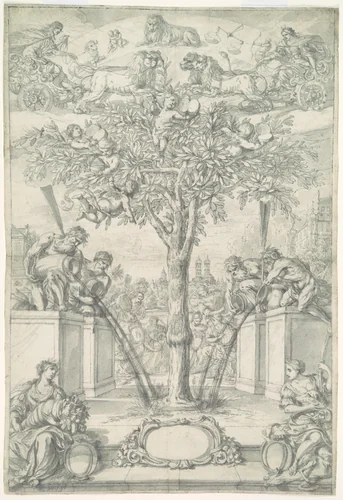 An Allegory of the Union of the House of Orange and the Wittelsbach Family (Design for a Title Page of a Thesis) by Jonas Umbach, drawing, 1640-1693