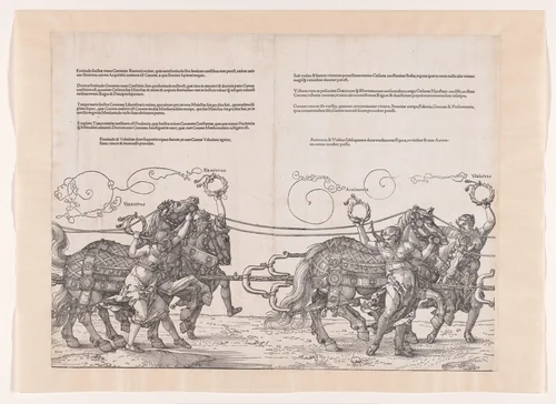 Derde en vierde span paarden met allegorieën by Albrecht Dürer, print, 1523