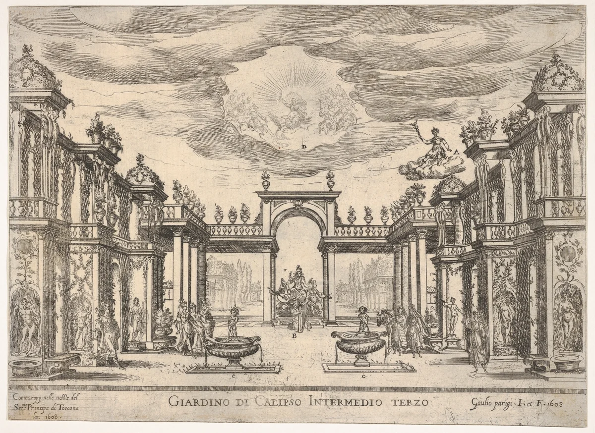 Sixth interlude: garden of Calypso (Intermedio sesto: giardino di Calipso), from "Seven Interludes for the wedding celebration of Cosimo de' Medici in Florence, 1608" by Remigio Cantagallina, print, 1608