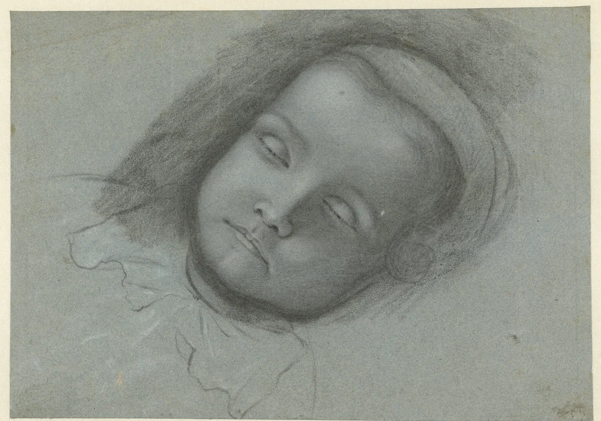 Hoofd van een dood kind, liggend op bed by anonymous, drawing, 1600-1699