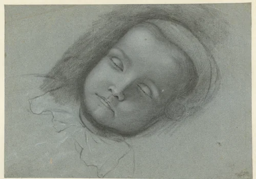 Hoofd van een dood kind, liggend op bed by anonymous, drawing, 1600-1699