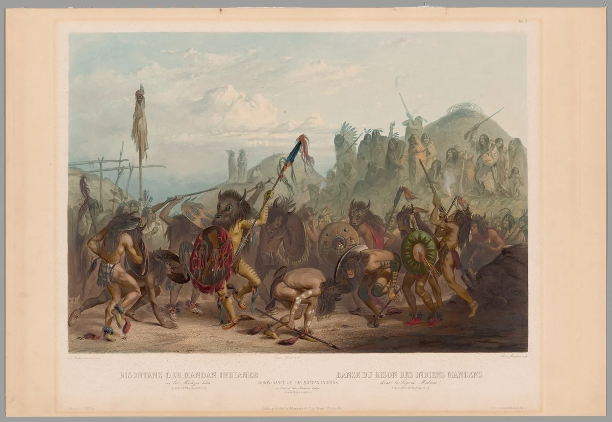 Bison-Dance of the Mandan Indians by Alex Manceau, print, 1842