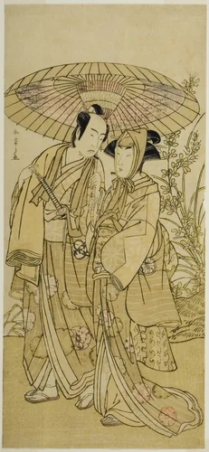 The Actors Segawa Kikunojo III (right) as Ochiyo, and Bando Mitsugoro I (left) as the Greengrocer Hambei, in the Play Kabuki no Hana Bandai Soga, Performed at the Ichimura Theater in the Fourth Month, 1781 by Katsukawa Shunsho (勝川 春章), print, 1776-1786