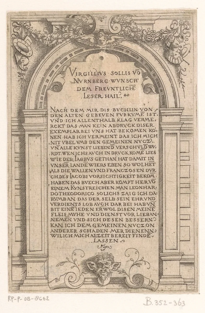 Boog met boodschap van de prentmaker by Unknown, print, 1550-1562