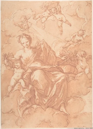Female Allegorical Figure With Cherubs(?) by anonymous, drawing, 1600-1700