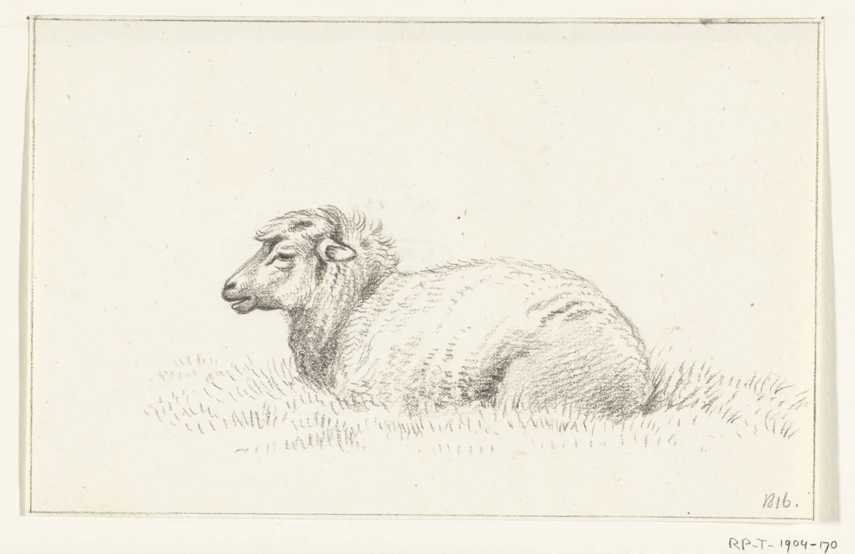 Liggend schaap, naar links by Jean Bernard, drawing, 1816