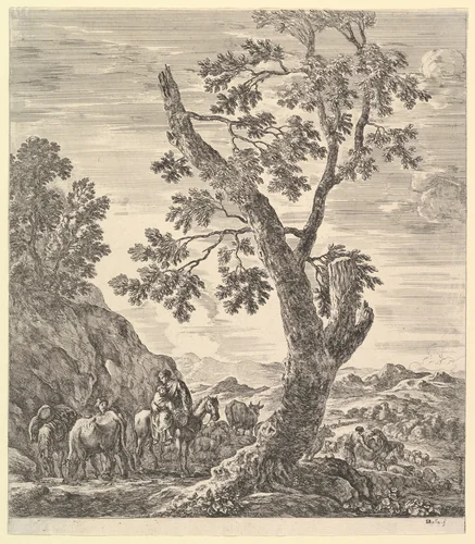 A shepherd with two horses and a peasant woman on horseback with a child in her arms to left, a large tree in center, from "Six large views, four of Rome and two of the Roman countryside" (Six grandes vues, dont quatre de Rome et deux de la Campagne romaine) by Stefano della Bella, print, 1656