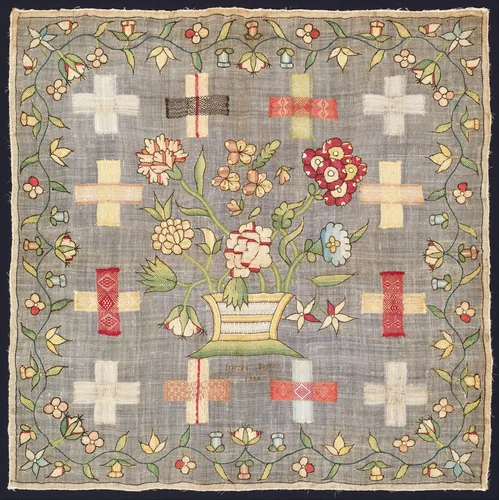 Embroidered darning sampler by Frances Boyce, textile, 1780