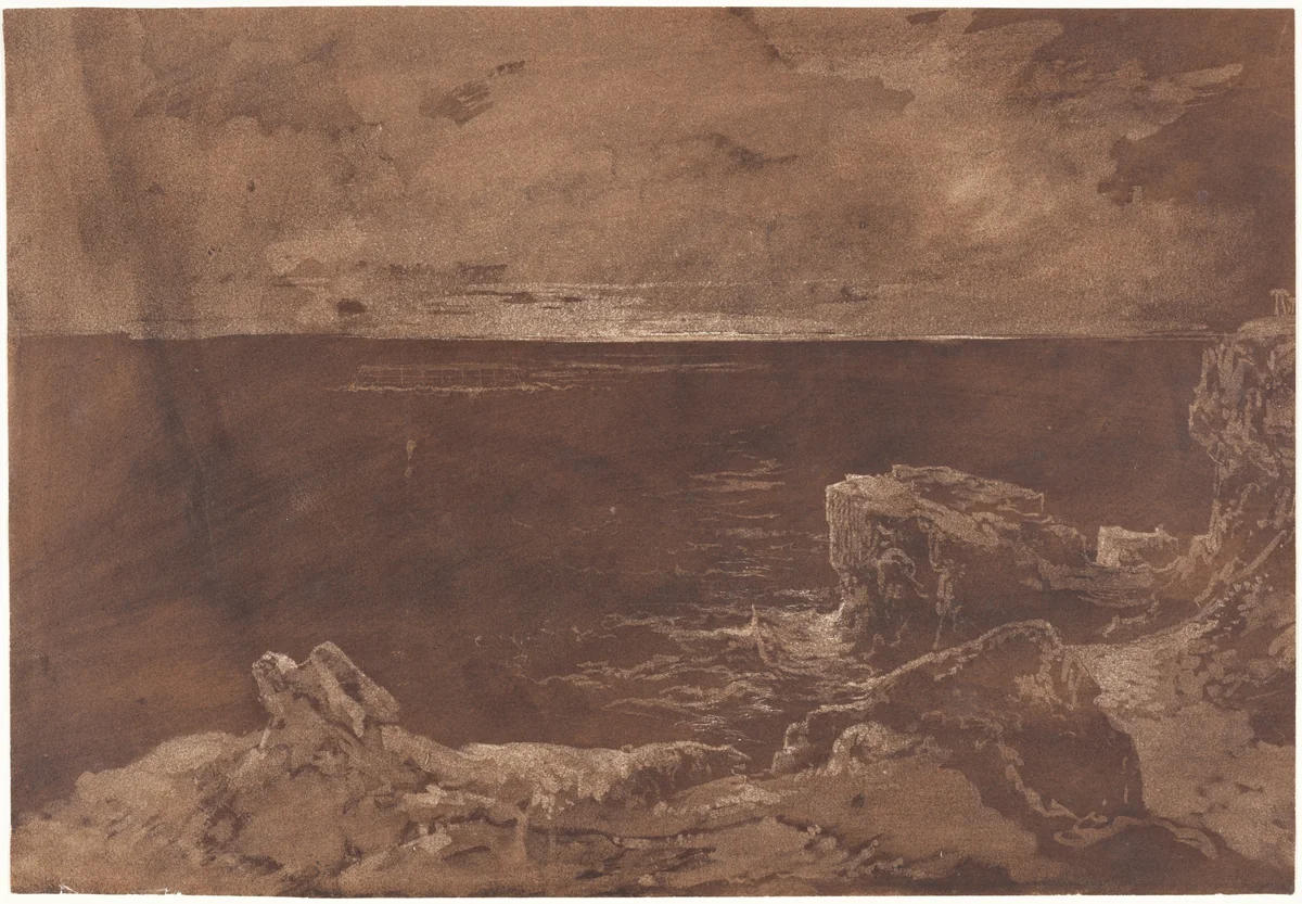 A Rocky Coast by Moonlight by William West; Samuel Jackson, drawing, 1825-1830
