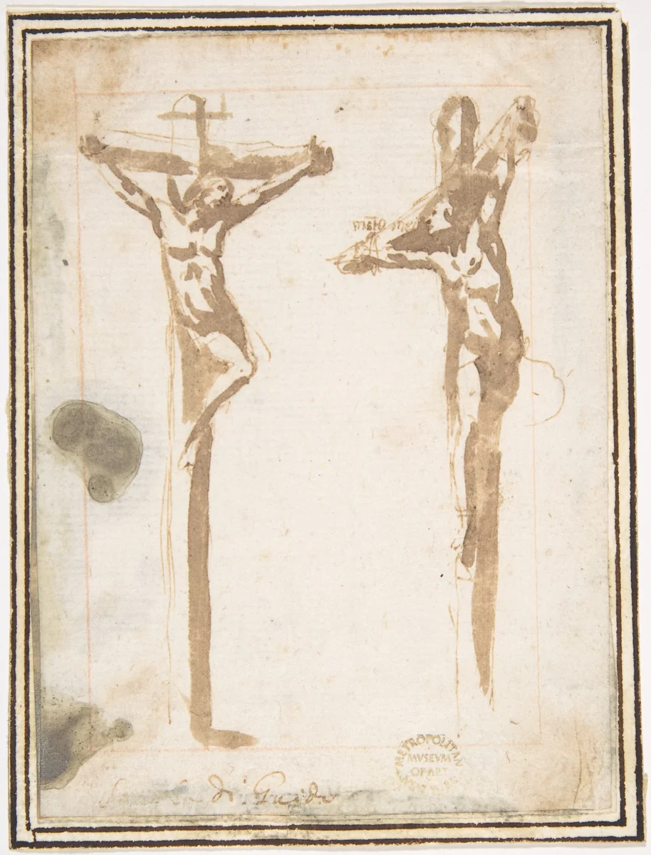 Christ Crucified with the Good Thief by Francesco Allegrini, drawing, 1624-1663