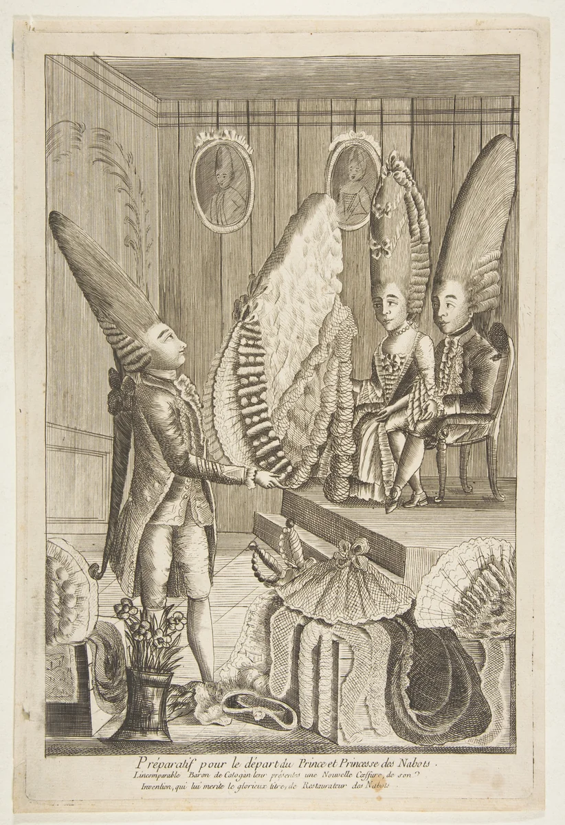 Préparatif pour le départ du Prince et Princesse des Nabots. L'incomparable Baron de Catagon leur présentes une Nouvelle Coeffure, do son Invention, qui lui merité le glorieux titre de Restaurateur des Nabots by Louis Sébastien Berthet, print, 1750-1780