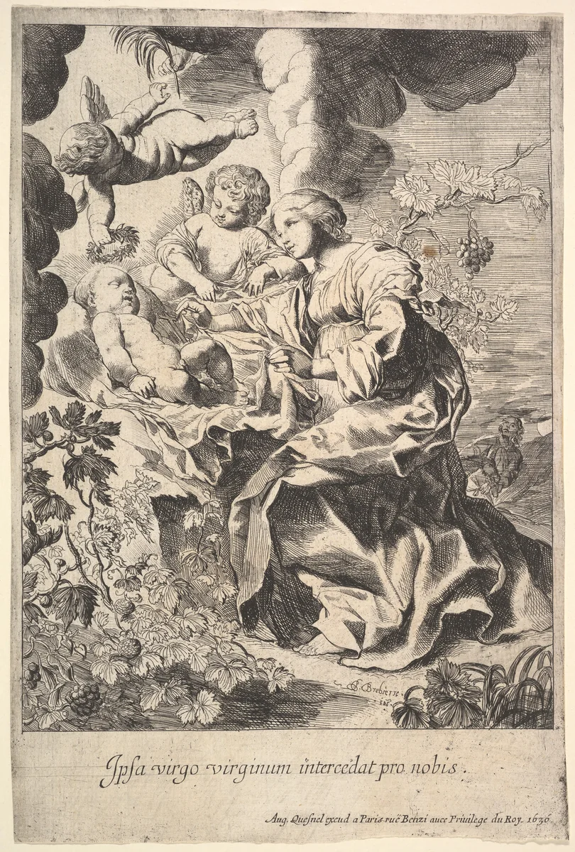 Virgin and child with angels by Pierre Brebiette, print, 1636
