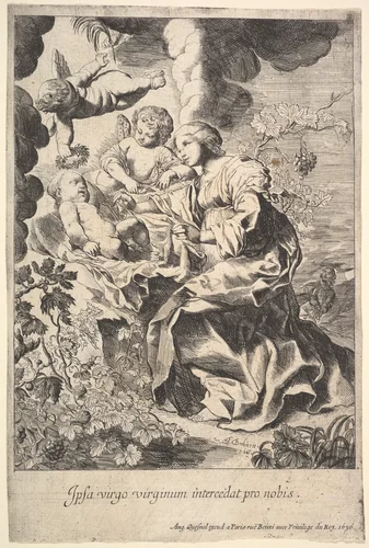Virgin and child with angels by Pierre Brebiette, print, 1636