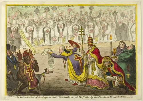 Introduction of the Pope to the Convocation at Oxford, by the Cardinal Broad-Bottom by James Gillray, print, 1809