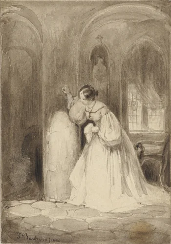 Figuurstudie van een staande vrouw, haar japon gedeeltelijk geplooid op een tafel by Hubert François Gravelot, drawing, 1710-1761