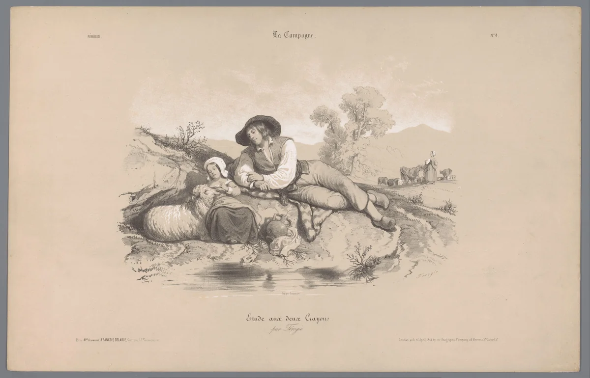 Herder met meisje bij een poel by Bernard Romain Julien, print, 1844-1854