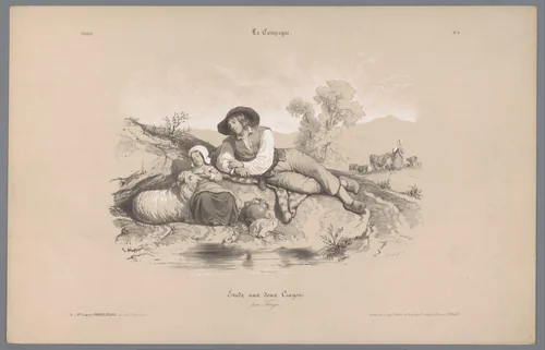 Herder met meisje bij een poel by Bernard Romain Julien, print, 1844-1854