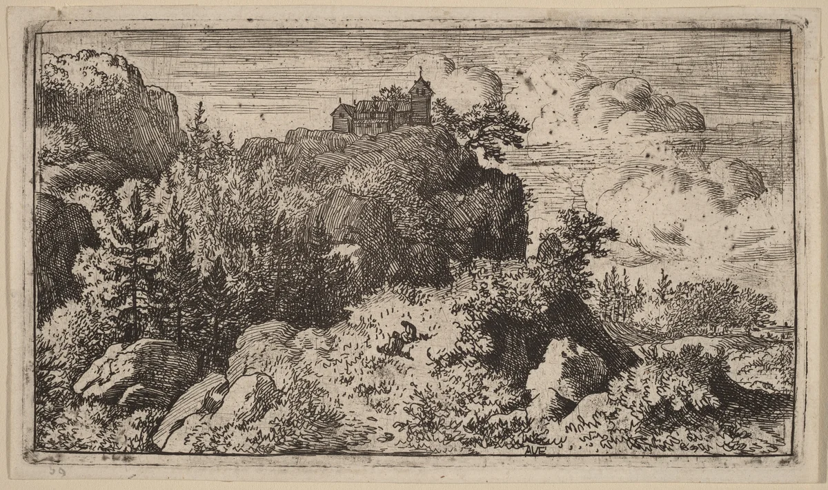 Firs in the Defile by Allart van Everdingen, print, 1645-1656