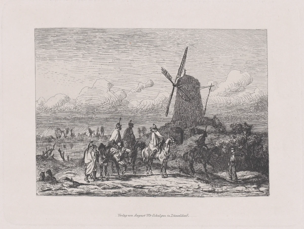 Military scene with horsemen and a windmill by August Beck, print, 1835-1865