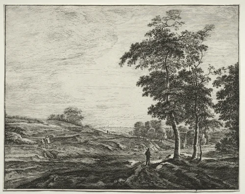 Six views in the Wood of the Hague: Plate 3, Peasant Seen from the Back by Roelant Roghman, print, 1640-1652