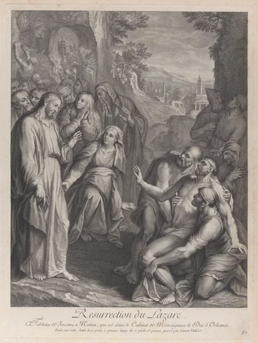 The Raising of Lazarus, with Christ standing at left by Simon de la Vallée, print, 1724-1734