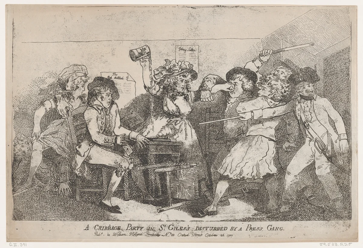 A Cribbage Party in St. Giles's Disturbed By A Press Gang by Thomas Rowlandson, print, 1787