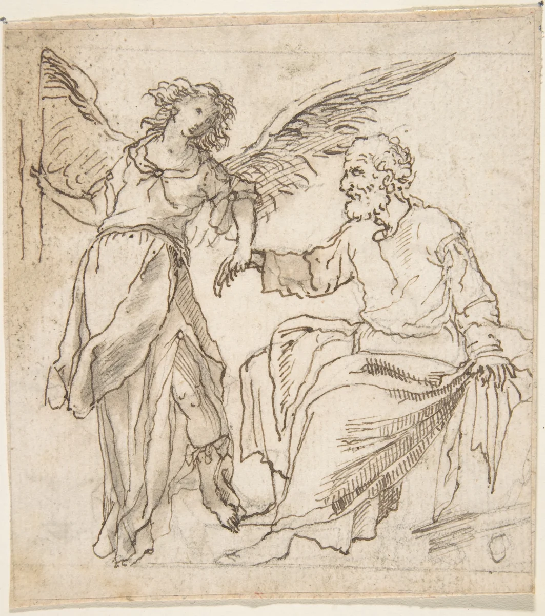 Angel Leading Saint Peter out of Prison (?) by anonymous, drawing, 1600-1700