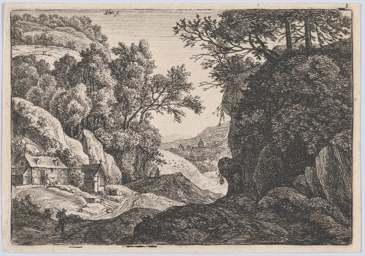 The Cottages at the Foot of a Mountain by Anthonie Waterloo, print, 1620-1690