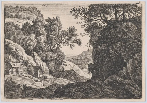 The Cottages at the Foot of a Mountain by Anthonie Waterloo, print, 1620-1690