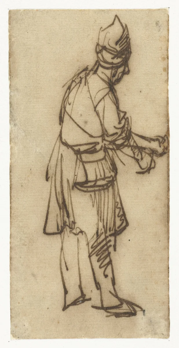 Staande man met uitgestrekte arm by Rembrandt van Rijn, drawing, 1636-1641