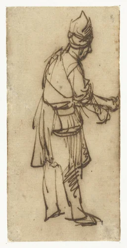 Staande man met uitgestrekte arm by Rembrandt van Rijn, drawing, 1636-1641