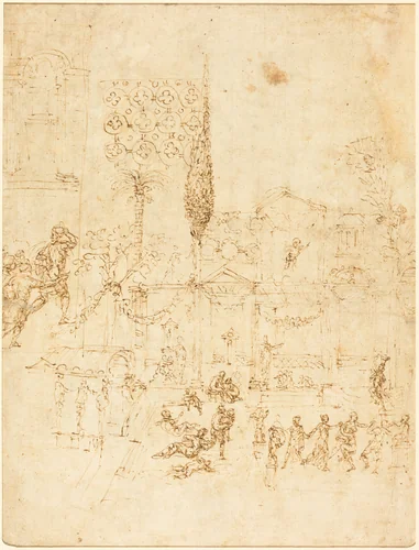 A Party in a Roman Villa [recto] by Pirro Ligorio, drawing, 1513-1583