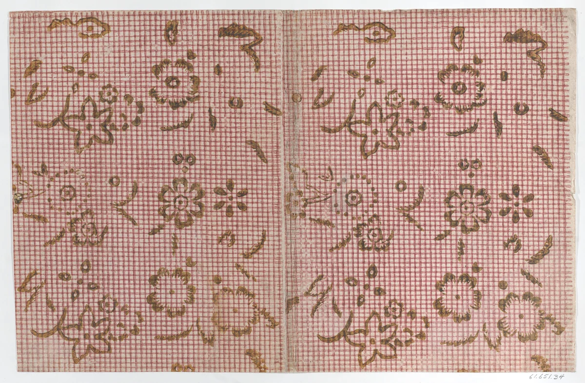 Book cover with red crisscross pattern with green florals by anonymous, print, 1700-1800