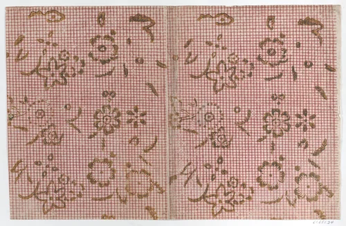 Book cover with red crisscross pattern with green florals by anonymous, print, 1700-1800