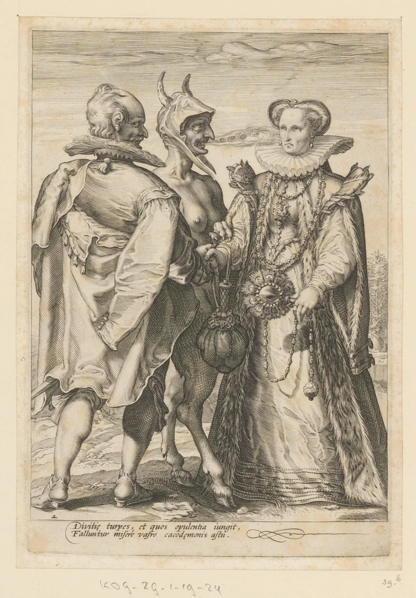 Huwelijk uit rijkdom door de duivel gesloten by Jan Saenredam, print, 1575-1607