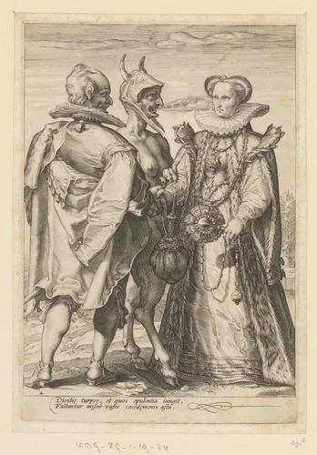 Huwelijk uit rijkdom door de duivel gesloten by Jan Saenredam, print, 1575-1607