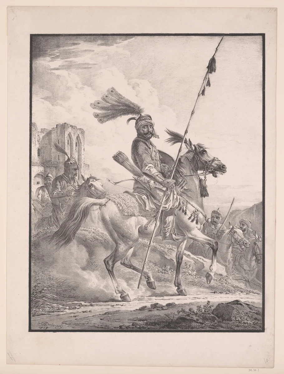 Kurd in military armor on horseback by Aleksandr Orlovsky, print, 1819