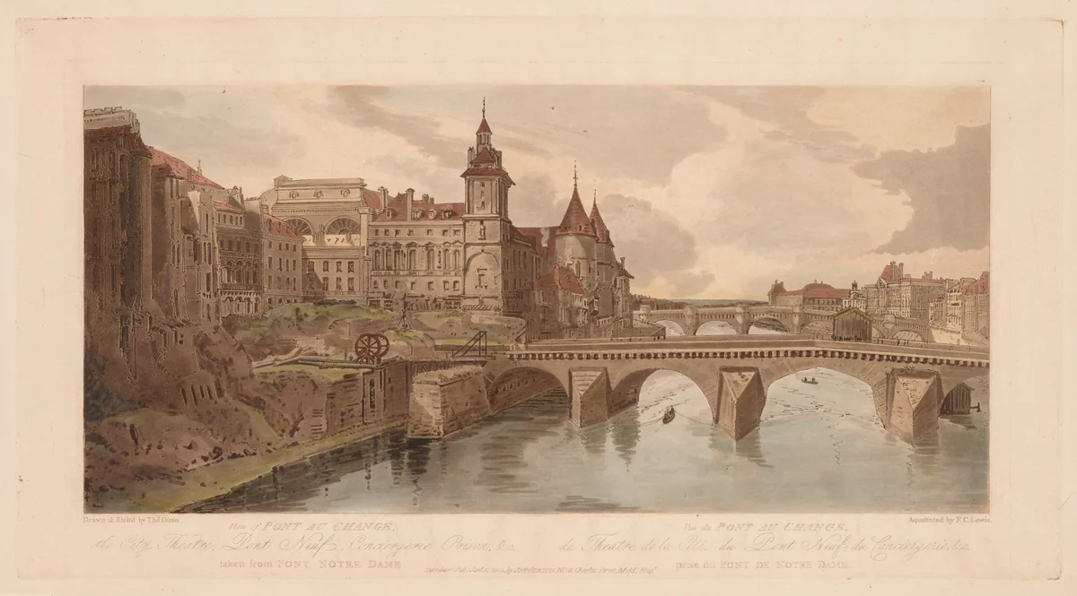 A Selection of Twenty of the Most Picturesque Views in Paris: View of Pont au Change, the City Theatre, Pont Neuf, Conciergerie Prison, &c taken from Pont Notre Dame by Thomas Girtin, print, 1803