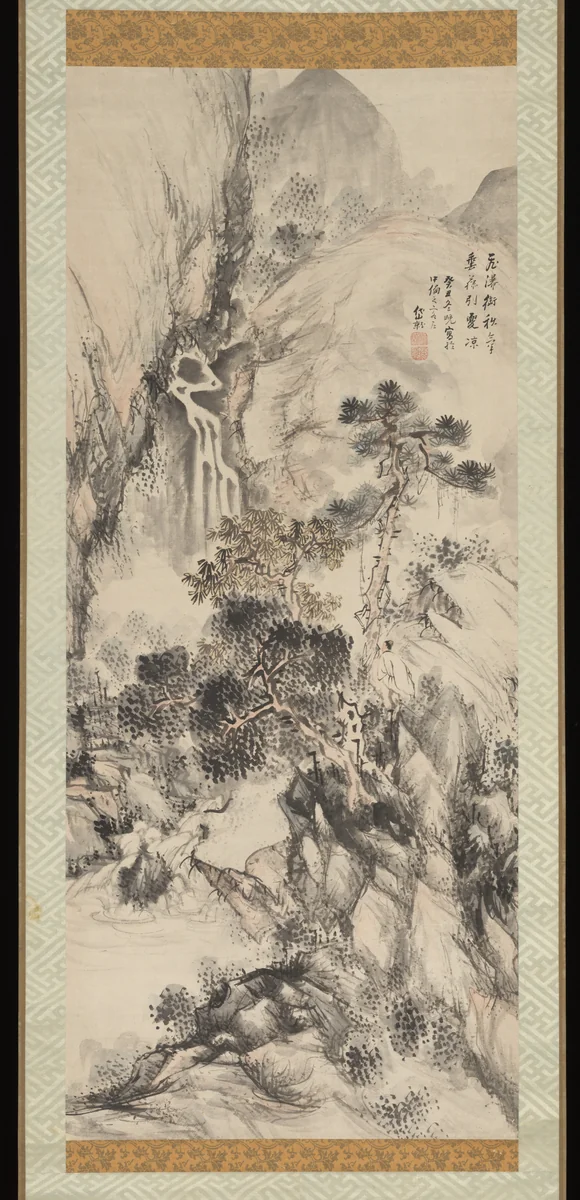 Viewing a Waterfall by Kushiro Unsen (釧雲泉), painting, 1793