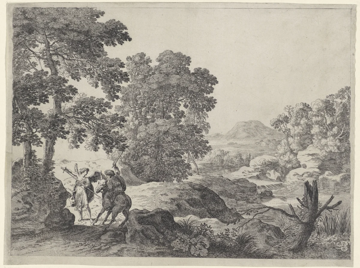 Bileam en de ezel met de engel by Herman van Swanevelt, print, 1629-1641