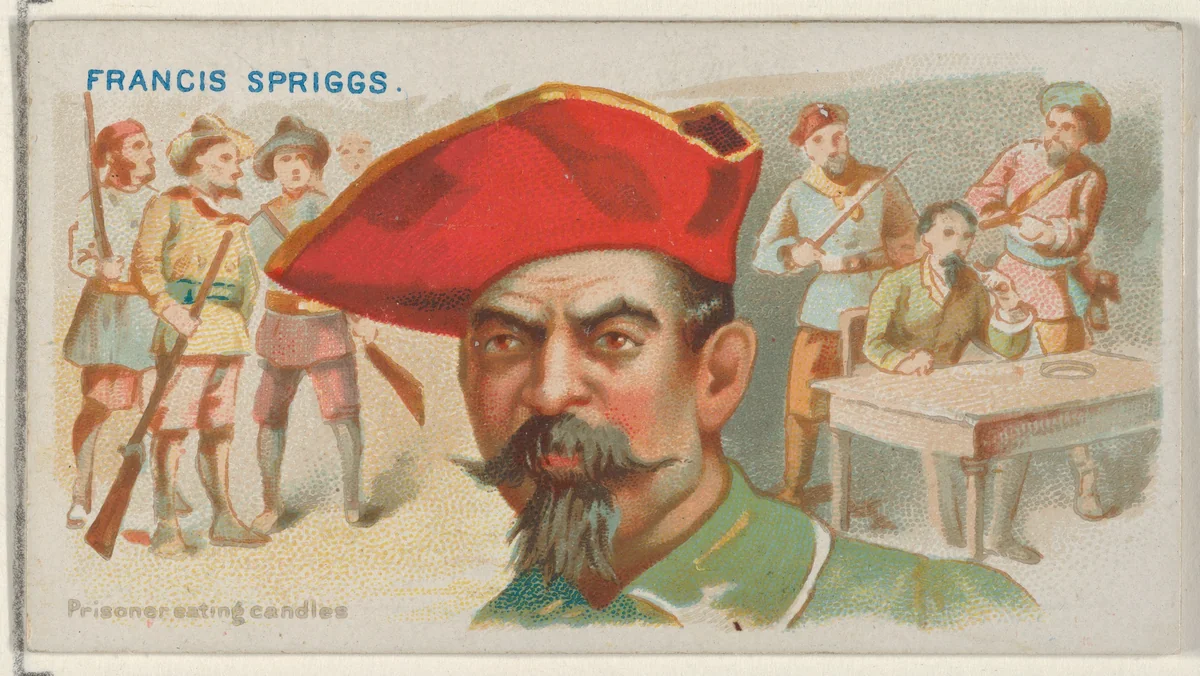 Francis Spriggs, Prisoner Eating Candles, from the Pirates of the Spanish Main series (N19) for Allen & Ginter Cigarettes by Allen & Ginter, print, 1886-1891