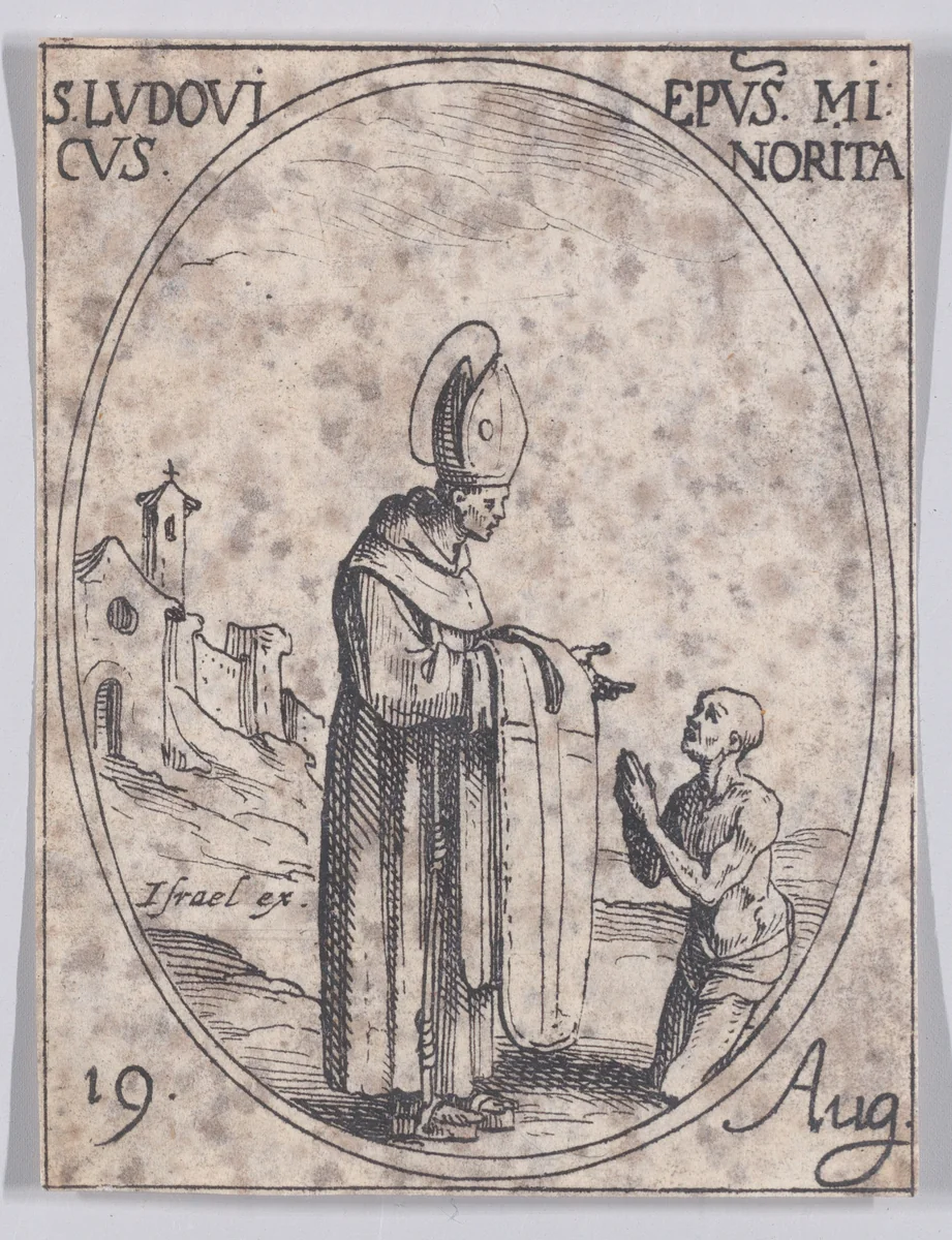 S. Louis, évêque (St. Louis, Bishop), August 19th, from "Les Images De Tous Les Saincts et Saintes de L'Année" (Images of All of the Saints and Religious Events of the Year) by Jacques Callot, print, 1636