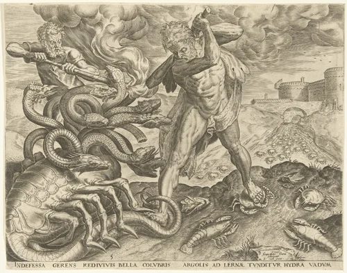 Hercules overwint de Hydra van Lerna by Cornelis Cort, print, 1563