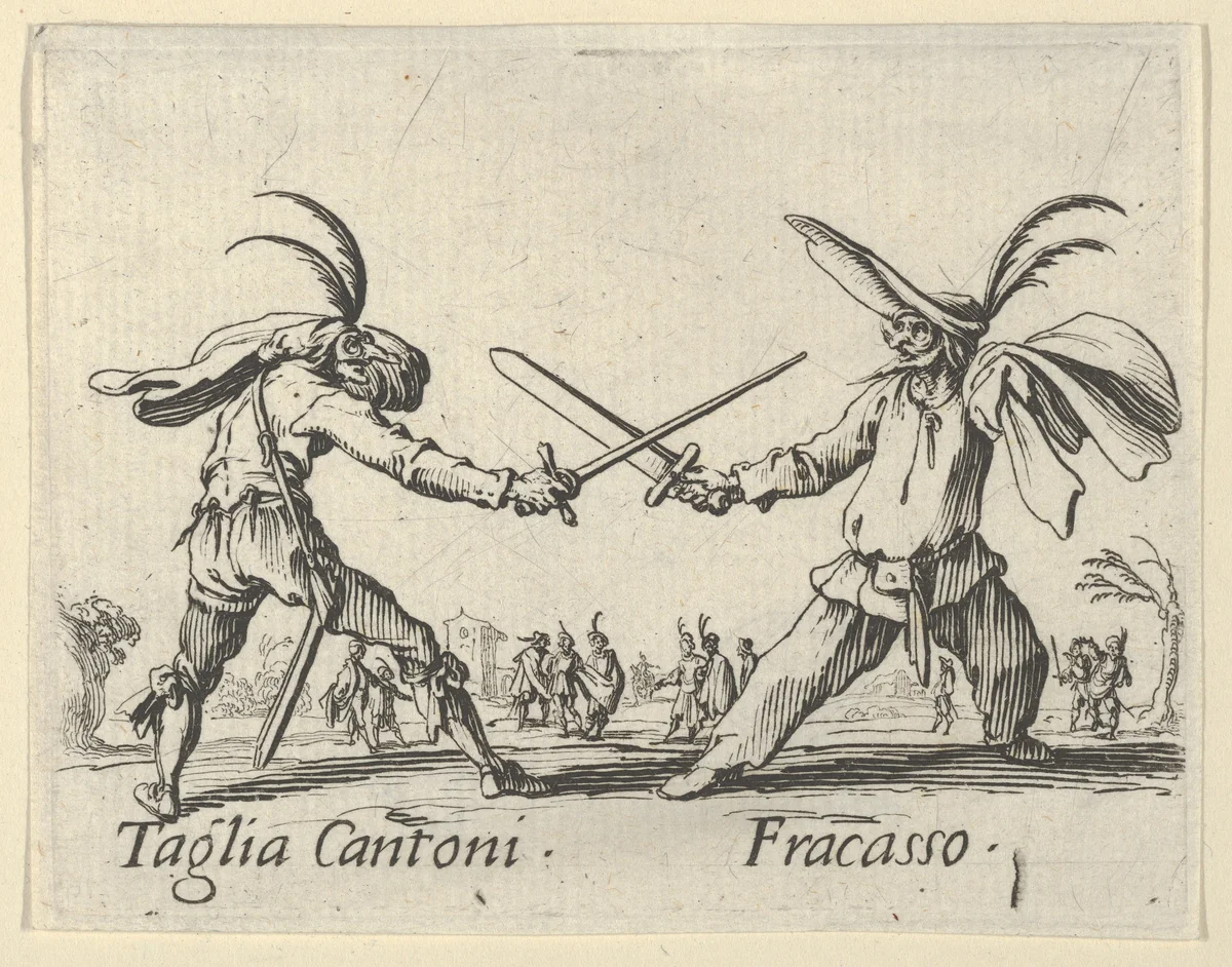 Taglia Cantoni - Fracasso, from "Balli di Sfessania" (Dance of Sfessania) by Jacques Callot, print, 1622