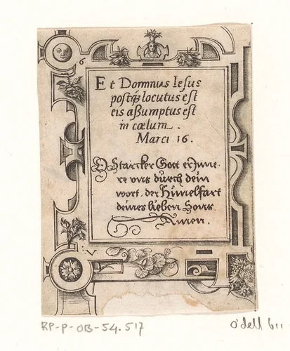 Gebed in Latijn en Duits in een rolwerk omlijsting by Unknown, print, 1568